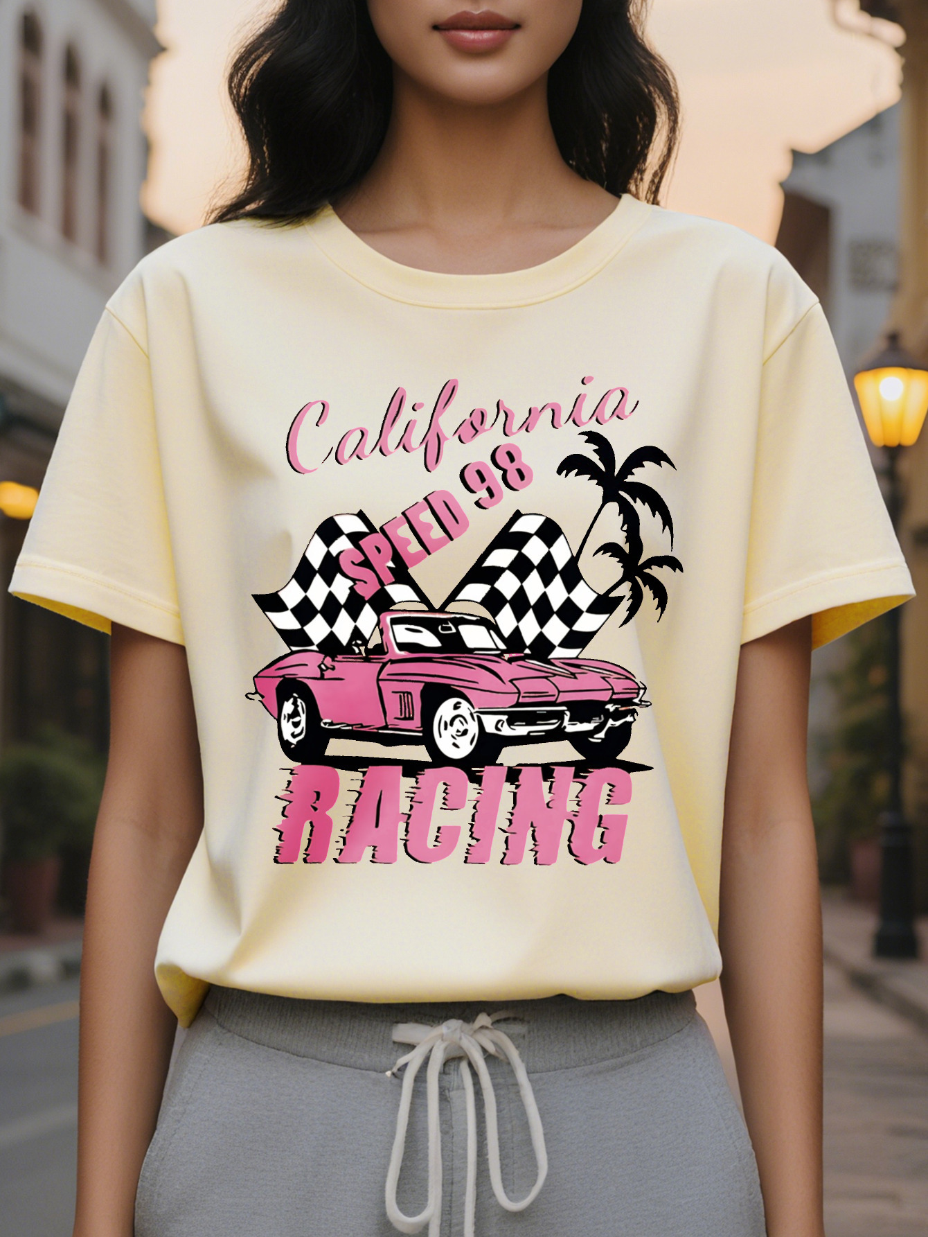 Large XL Women S Speed Graphic T-Shirt Crew Neck Short Sleeve Top with Palm Tree Design Pink Lightweight Summer Tee for Plus Size