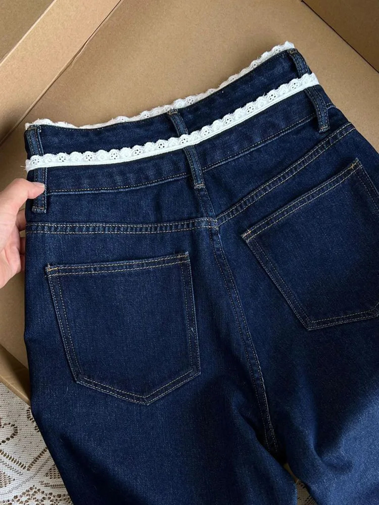 DFCF 2025 Casual Straight Jeans Streetwear Vintage Blue Lace Spliced Jean Y2K Fashion High Waist Loose Wide Leg Pants 250823