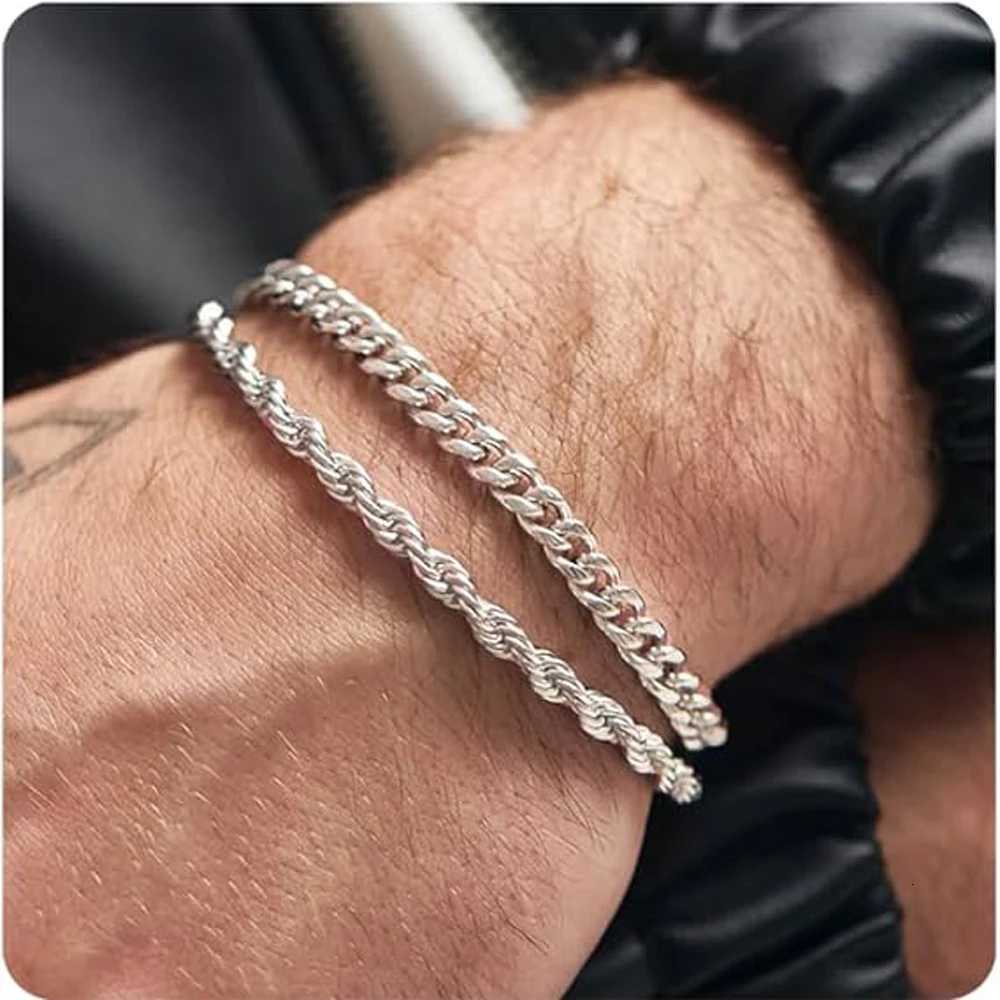 1 or 2 Pcs Chain Bracelet for Men 925 Sterling Silver Stainless Steel Bracelets Rope Cuban Link Bracelet Set for Men Dad Husband W250904