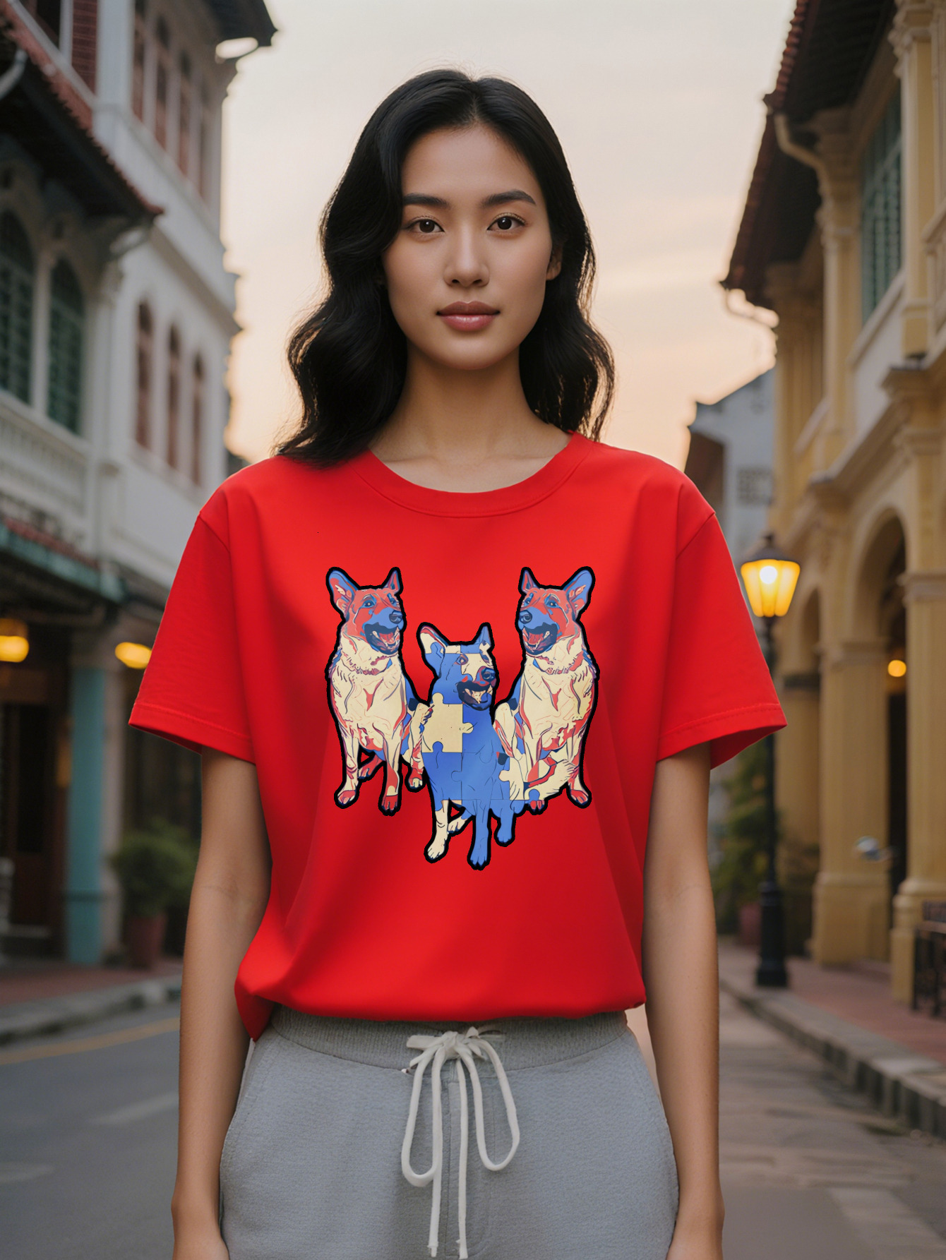 Casual Round Neck T-shirt Three Dogs Puzzle Print Pattern Top Lady Gift