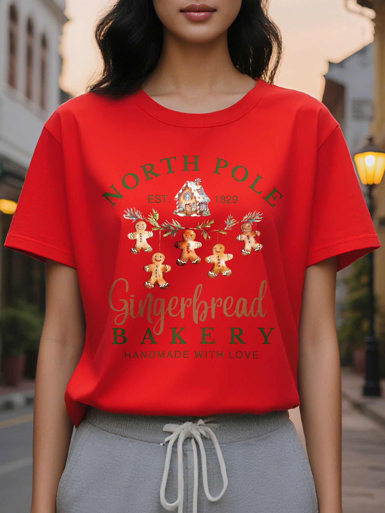 Large XL Women's Christmas Graphic T-Shirt North Pole Bakery Design Santa Hat Gingerbread Men Handmade with Love Casual Round Plus Size