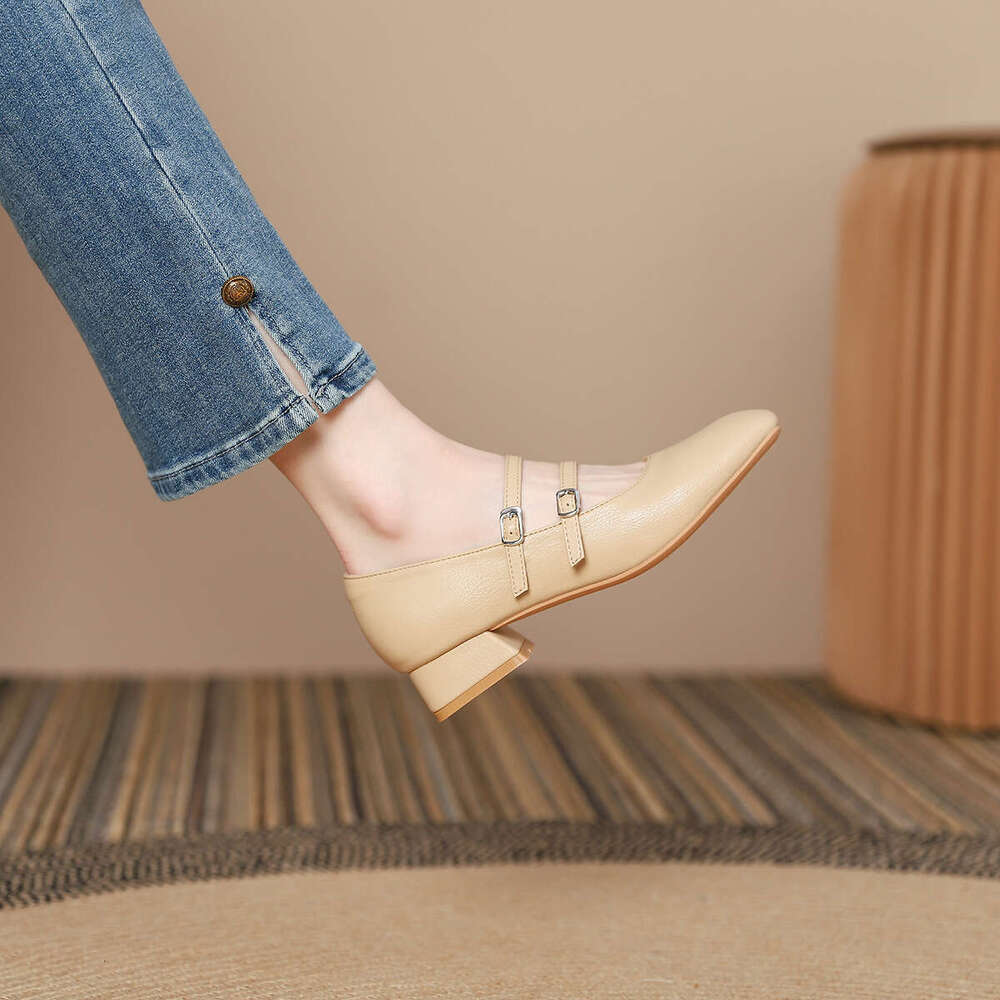 Elegant Squ Toe Designer Shoe One-Strap Mary Jane for Women 2025 Spring and Autumn New Genuine Leather Shallow Mouth Chunky Mid-Heel Single Wedding Sh