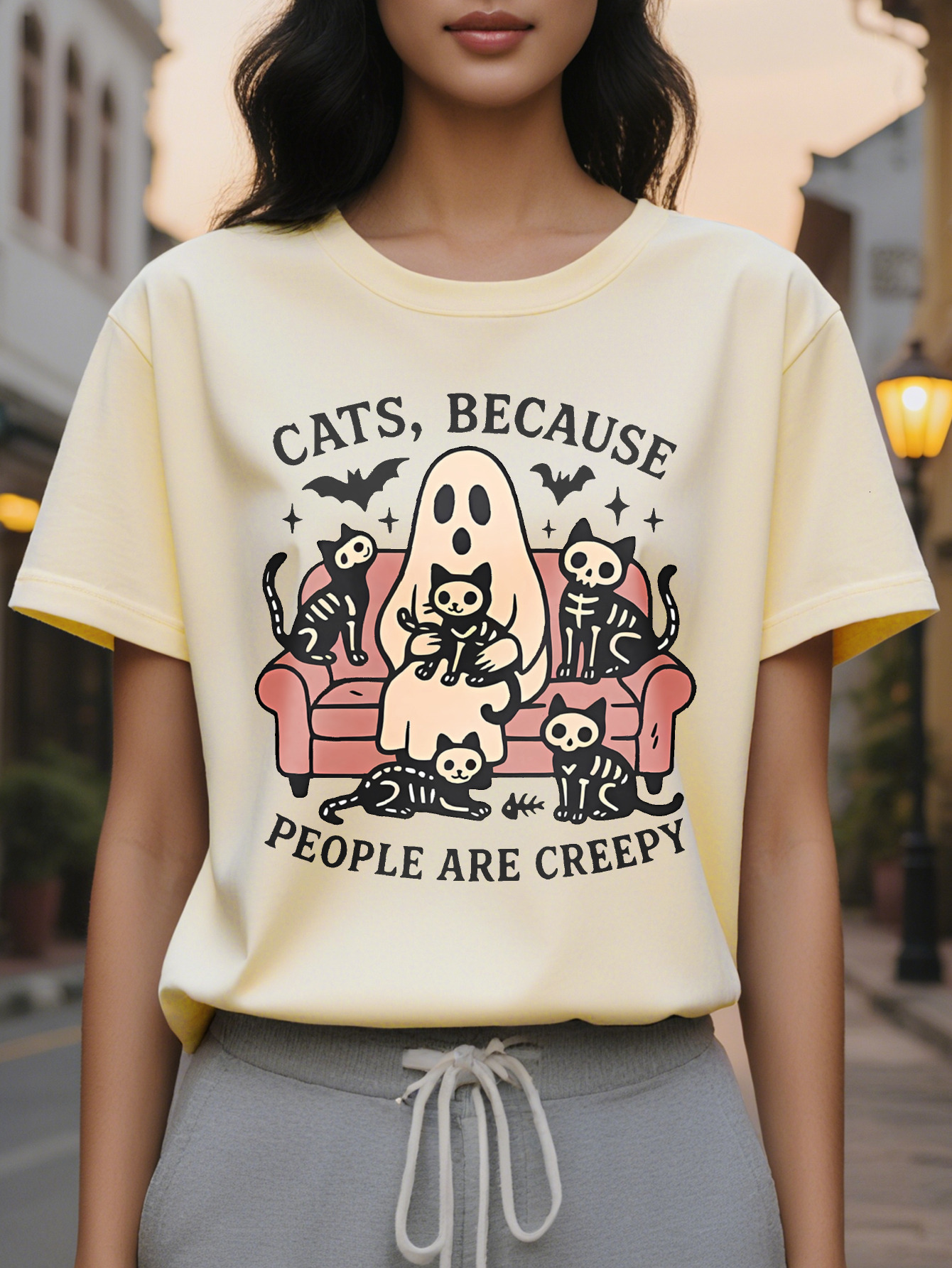 Ladies Funny Cats Because Humans are Too Weird Halloween Thanksgiving T-shirt Red Short Sleeve Casual Top Ghost
