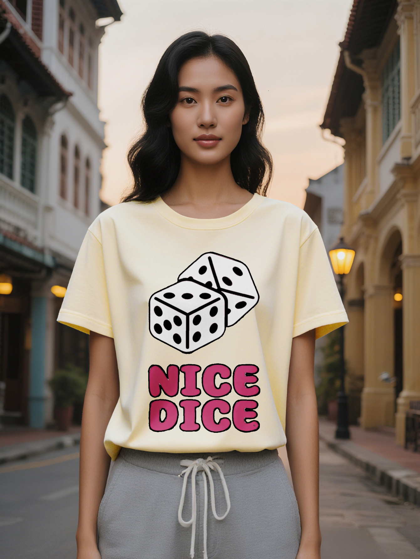 Large XL Women's Casual Graphic T-Shirt Bold NICE DICE Print Dice Design Black with White Pink Lettering Round Neck Summer Tee Plus Size