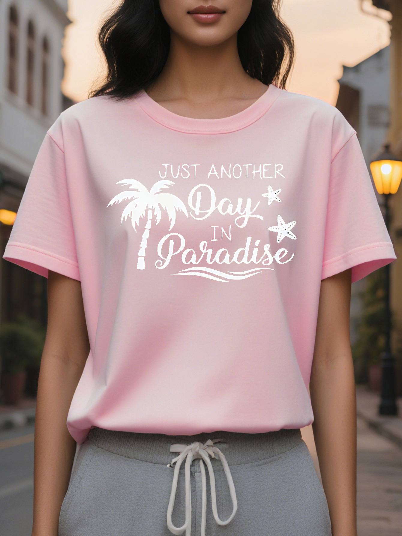 Large XL Chic Women's Coconut Tree Print Tank Top Just Another Day in Paradise Design Dark Blue Round Neck Washable Plus Size