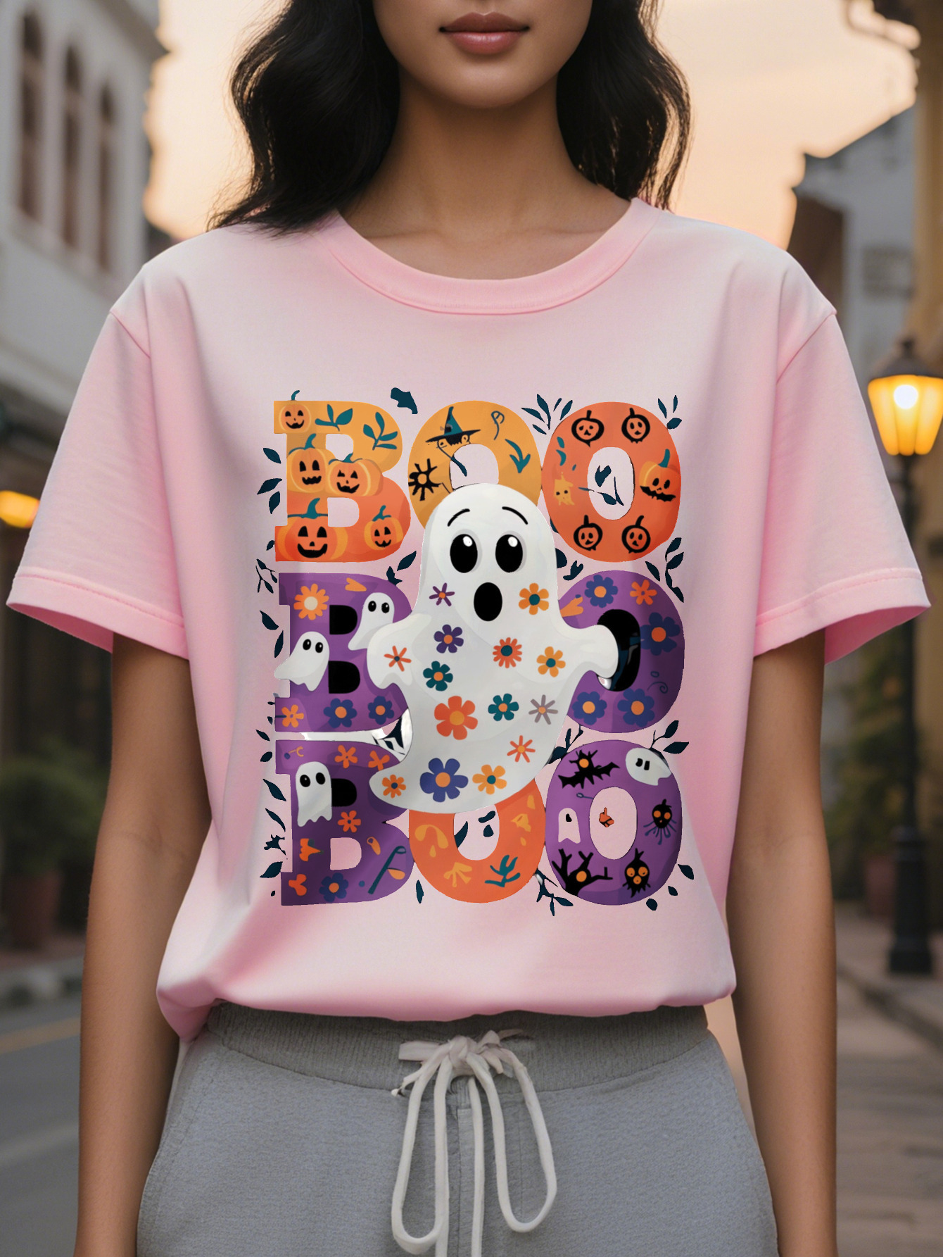 Ladies Cute Boo Pattern T Shirt with Floral Pumpkin Orange Purple Fall Colors Lightweight Round Neck Casual Top