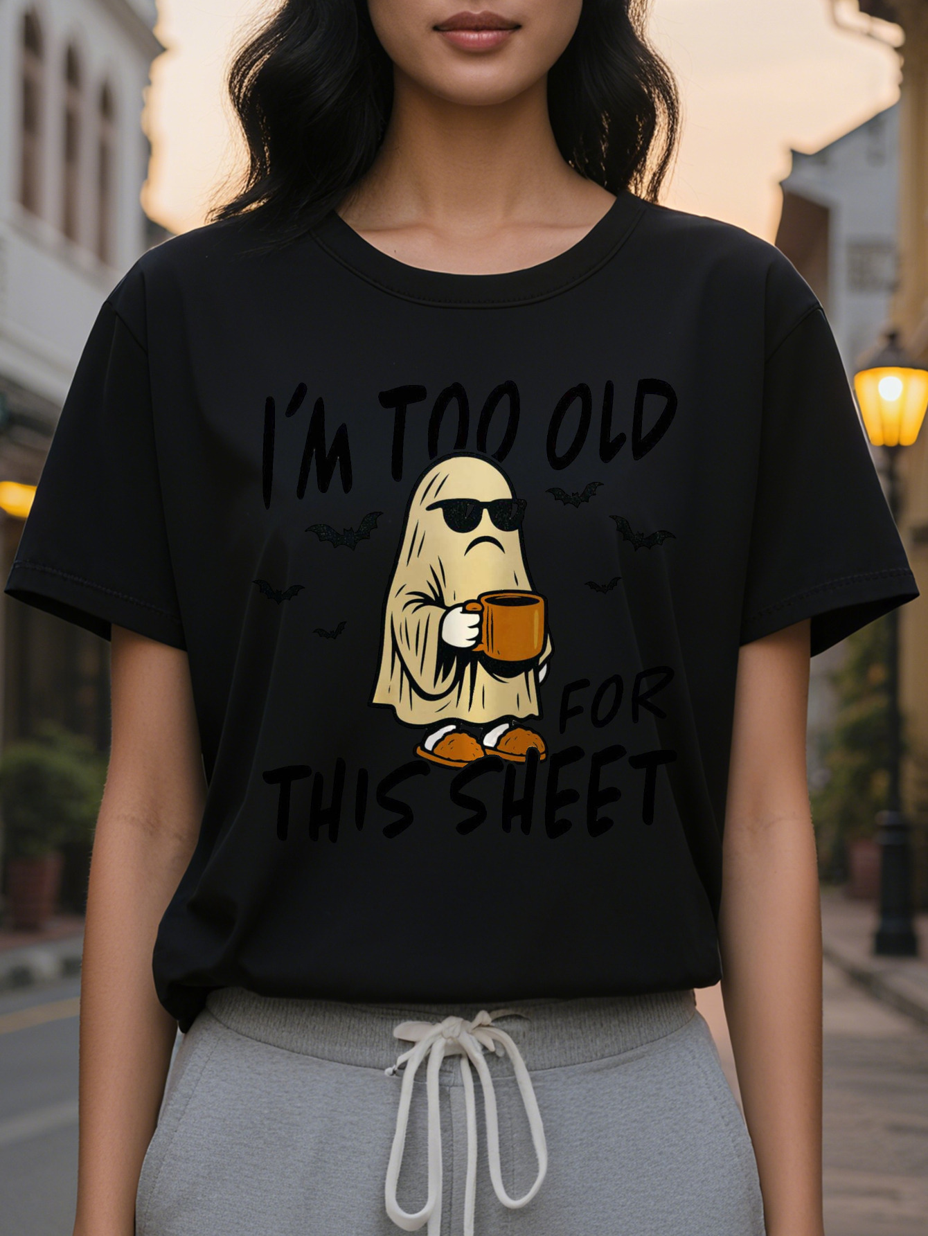 Women s I m Too Old to Fit This Sheet Pattern T Shirt White Crewneck Mystery Character Design Casual Daily and Party