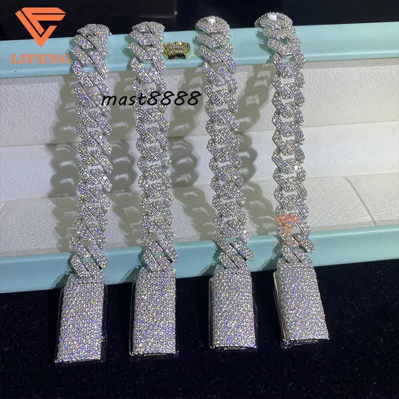 12mm Cuban Link Chain 2row Moissanite Bracelet Diamond 925 Sterling Silver Men VVS D Moissanite Hiphop Cuban Bracelet