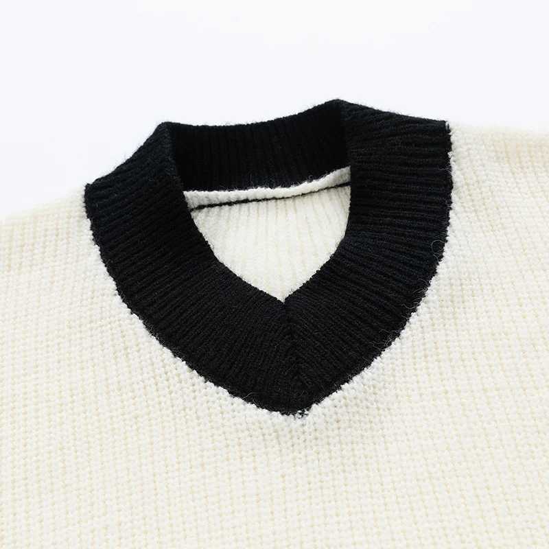Korean Fashion Sweater Vest Men Thick Vneck Sleeveless Knitted Sweaters Vests Patchwork Retro Loose Casual Allmatch PulloversXJ250904
