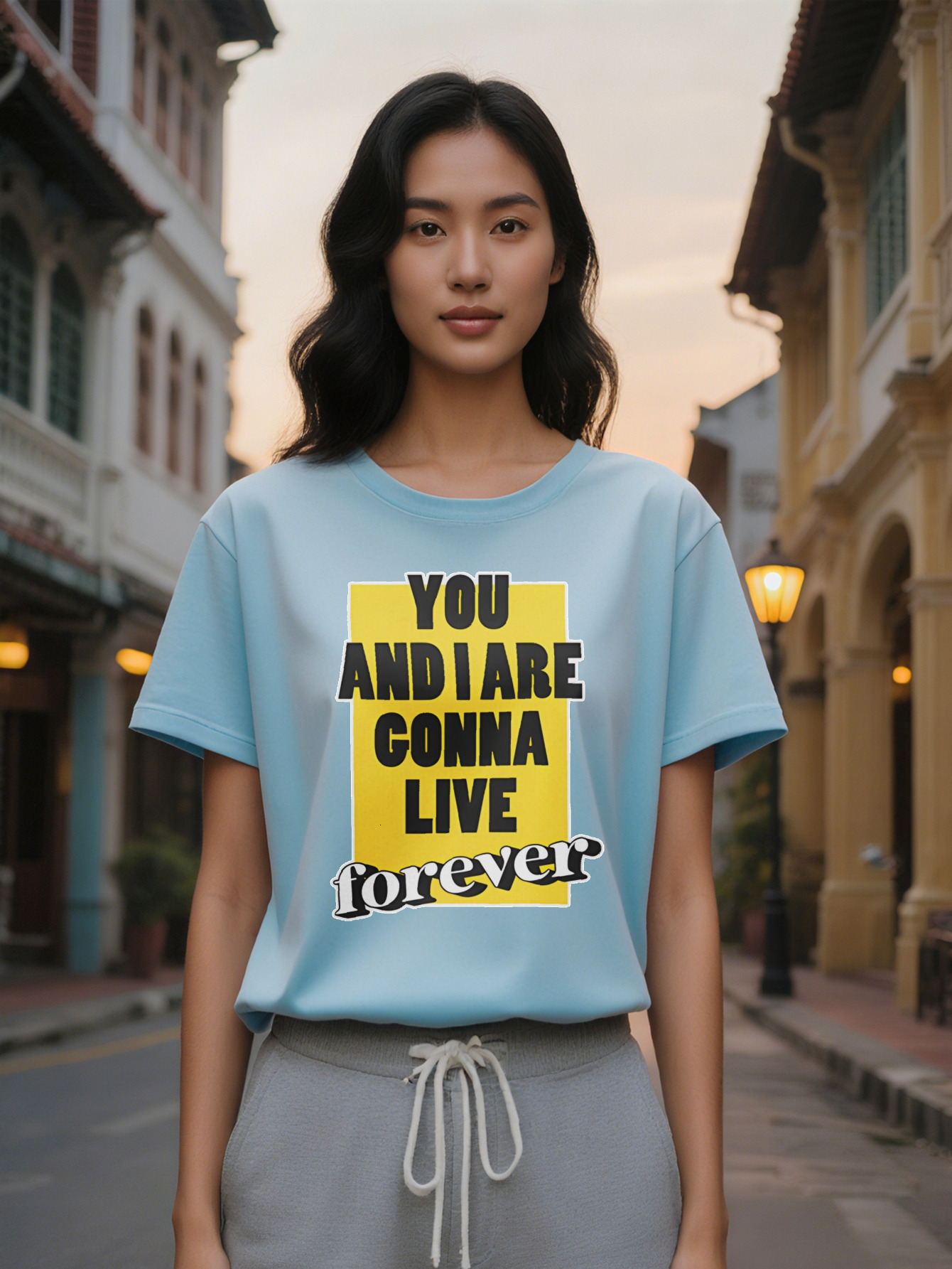 Lady Casual Crew Neck T-Shirt with You and I Are Gonna Live Forever Graphic Yellow Black Print Perfect for Summer