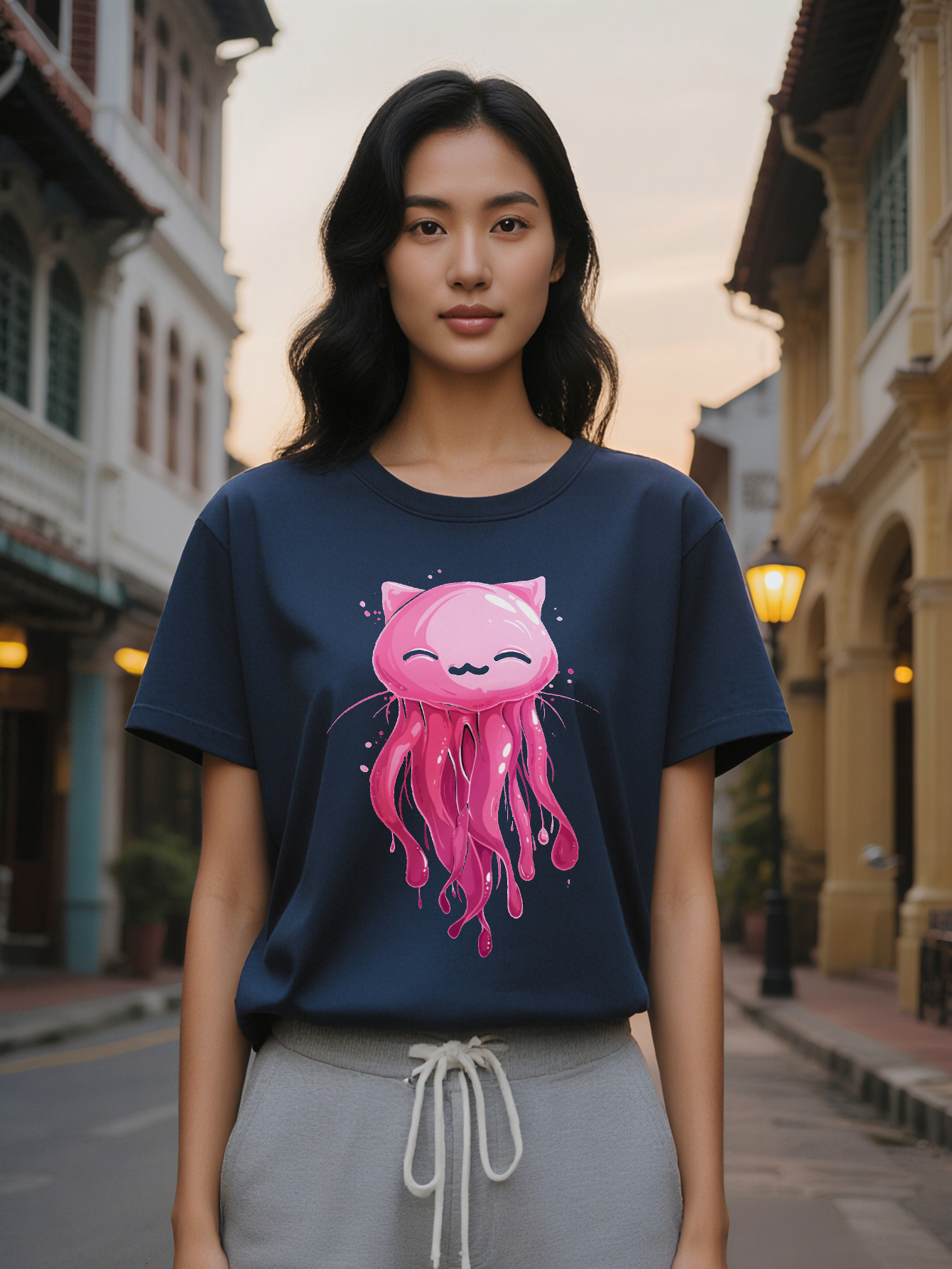 Large XL Women's Casual Crew T-Shirt with Unique Pink Jellyfish Cat Print Soft Fabric Round Neck Short Sleeve Summer Plus Size