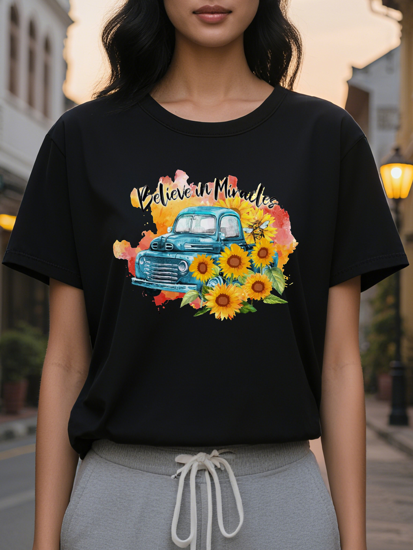 T shirt Faith Miracle Retro Flower Blue Truck Pattern White Crewneck Top Medium Elastic Daily Special Ocn Shirt
