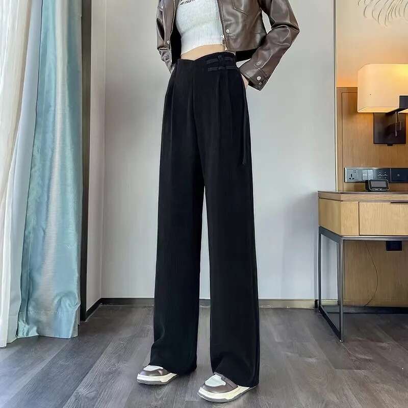 Meilade Autumn Winter New Chinese Style Buttoned Fleece Chenille Wide-Leg for Women High Waist Draped Straight Casual Pants