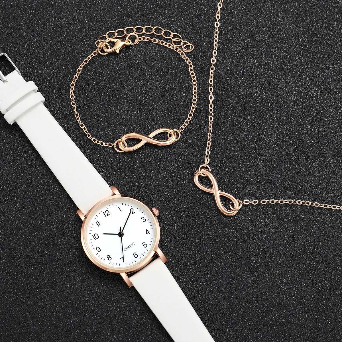 3pcsset Wen Leather Simple Quartz Watch with Number 8 Bracelet Necklace Set X250904
