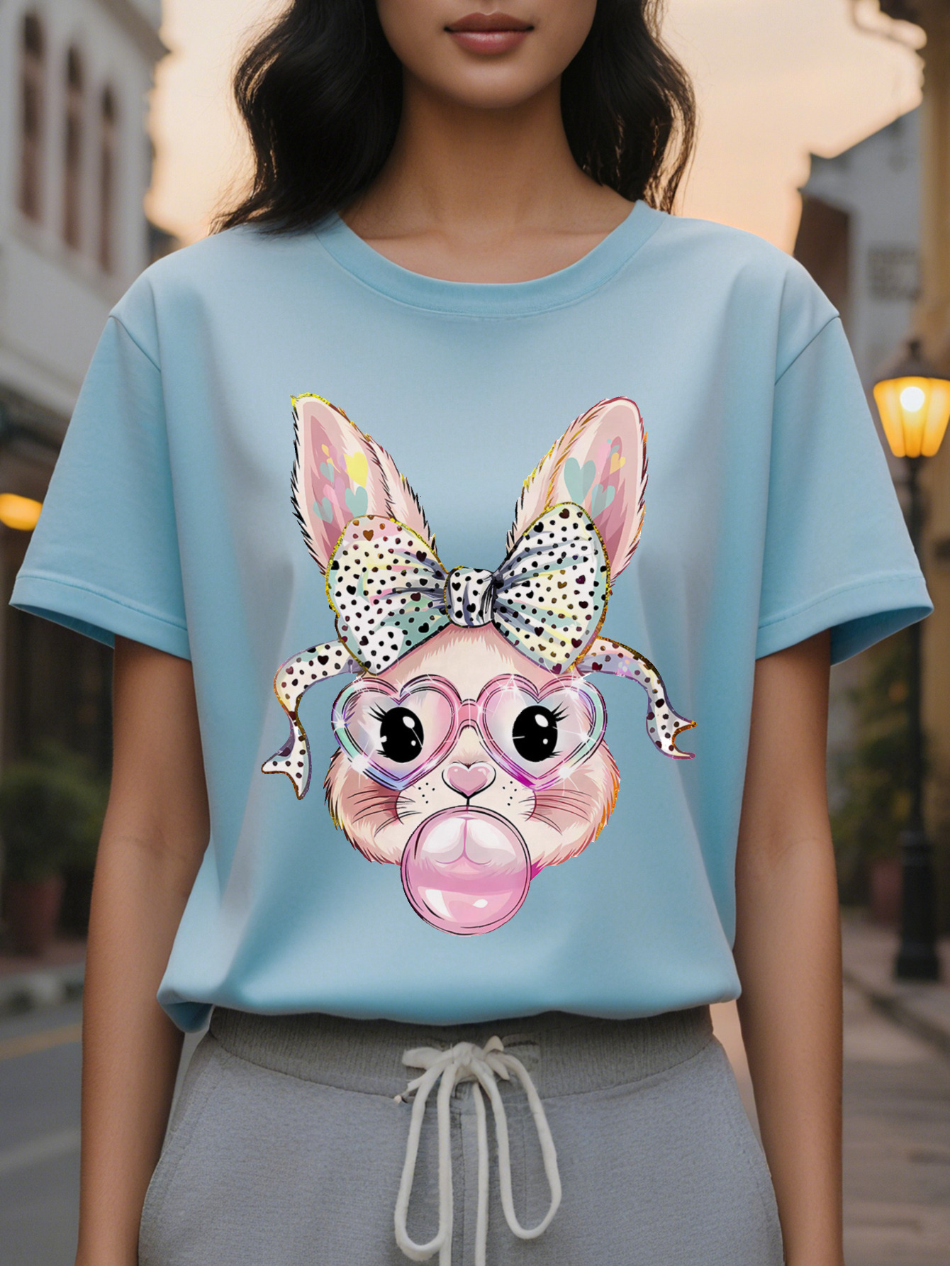Women s Bubble Rabbit Easter Pattern Short Sleeve T Shirt Interesting Polka Dot Design with Glasses and Bow Breathable