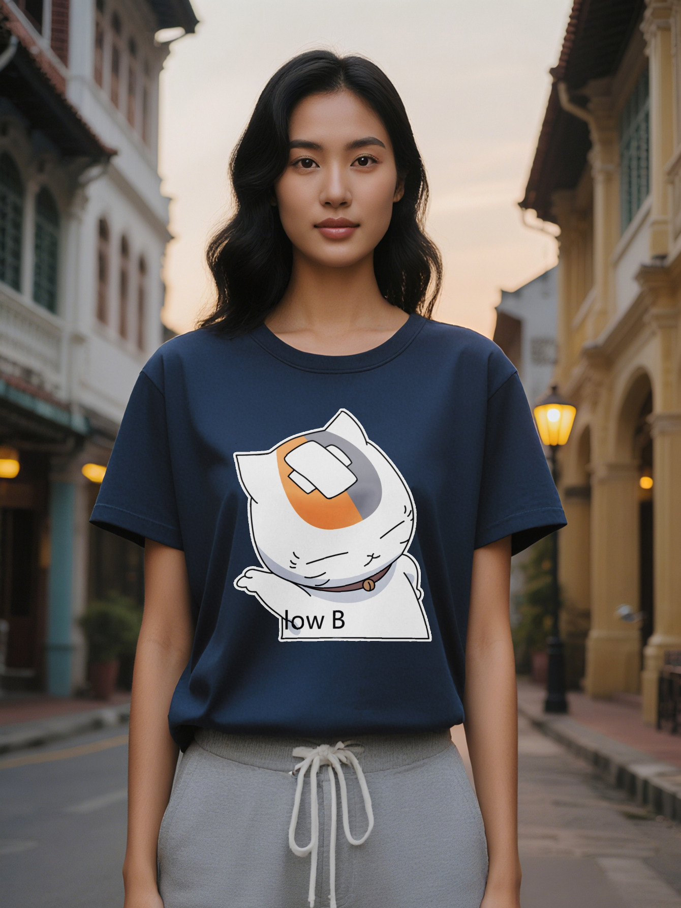 Large XL Lady Casual Versatile Round Neck T-Shirt Featuring Cartoon Cat with Orange and Gray Patch Prints Perfect as a Gift for Plus Size