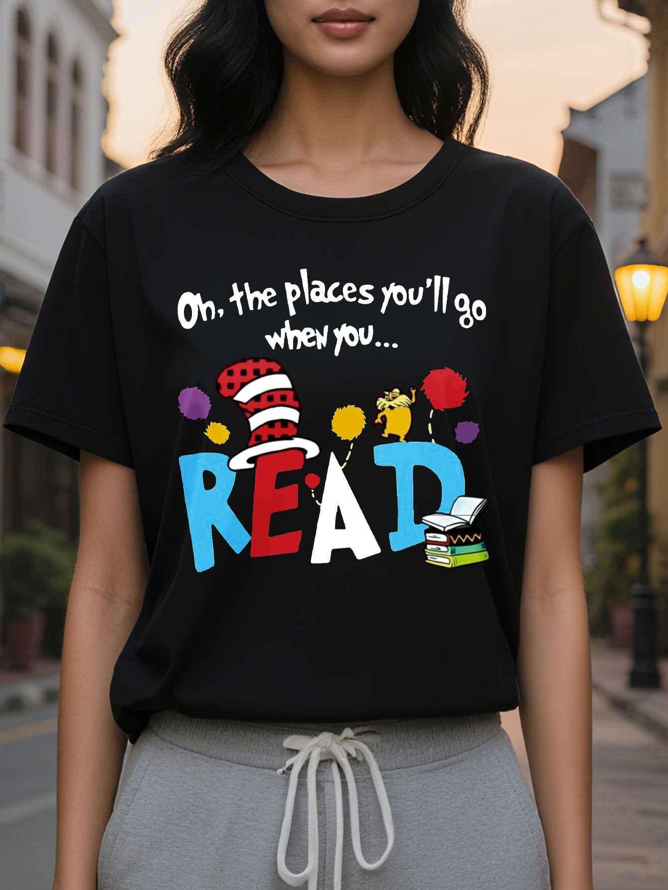 Large XL Women's Casual Short Sleeve T-Shirt Vibrant Orange Cartoon Letter Print with Book Cat On the Places You'll Go Graphic Plus Size