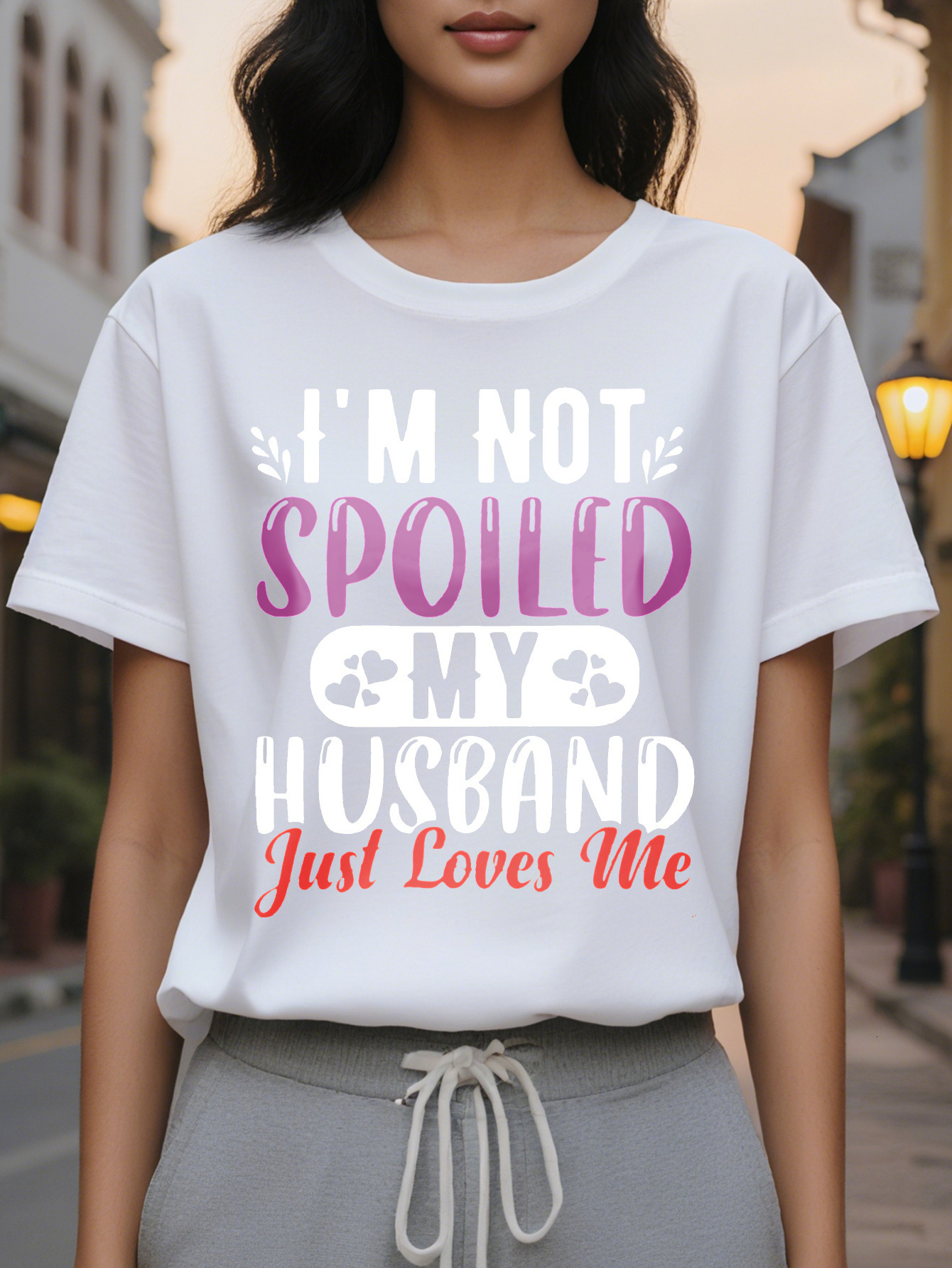 Large XL Women S V Neck T-Shirt I'm Not Spoiled My Husband Just Loves Me Graphic Print Short Sleeve SpringSummer Tee in Heather Plus Size