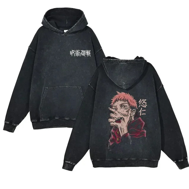 440g Heavyweight Washed Vintage Jujutsu Kaisen Anime Battle Retro Cotton Hoodie Streetwear - VT1673