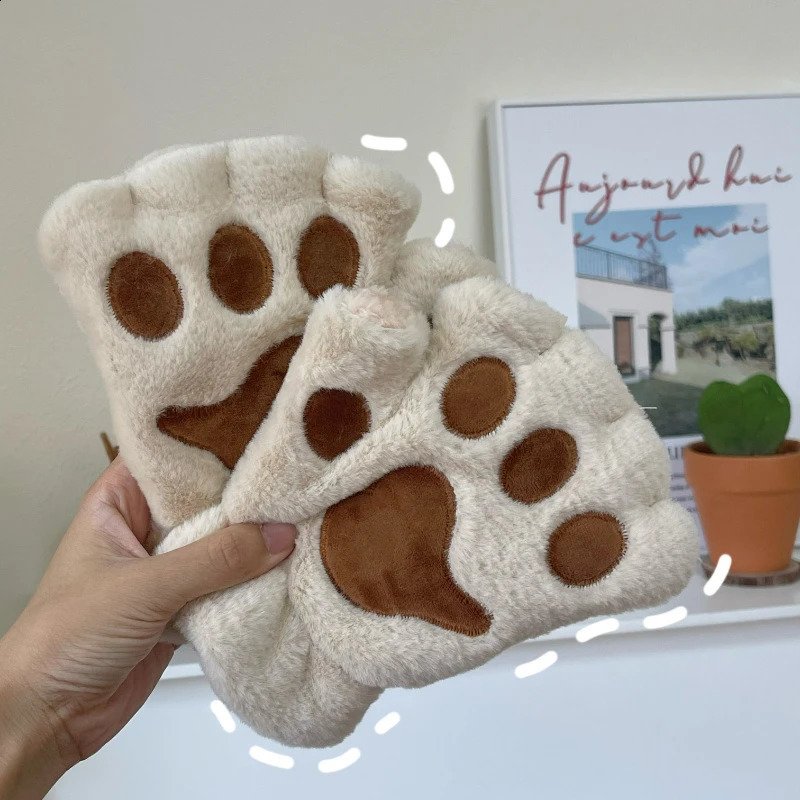 Lovely Plush Cat Claw Paw Gloves Mittens Warm Soft Short Fingerless Fluffy Bear Costume Half Finger w2500912