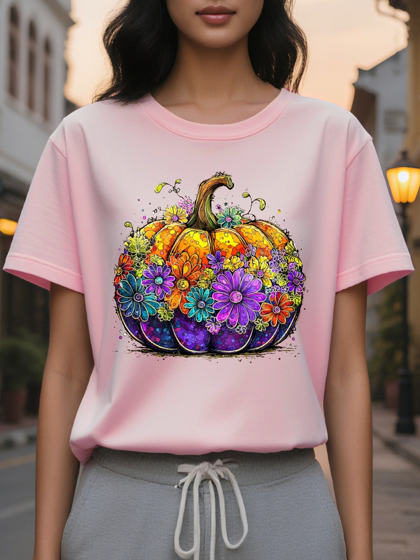 Large XL Women S Floral Print Crewneck Sweatshirt Cozy Casual Pullover Soft Beige with Vibrant Orange Pumpkin Purple Flowers Plus Size