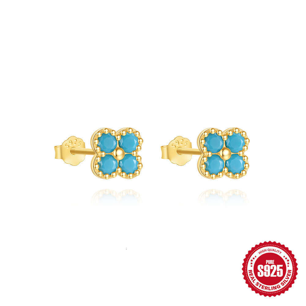 INS Style Pure Silver Petal Turquoise Inlaid Diamond Band Women's Engagement Wedding Ring Necklace Set