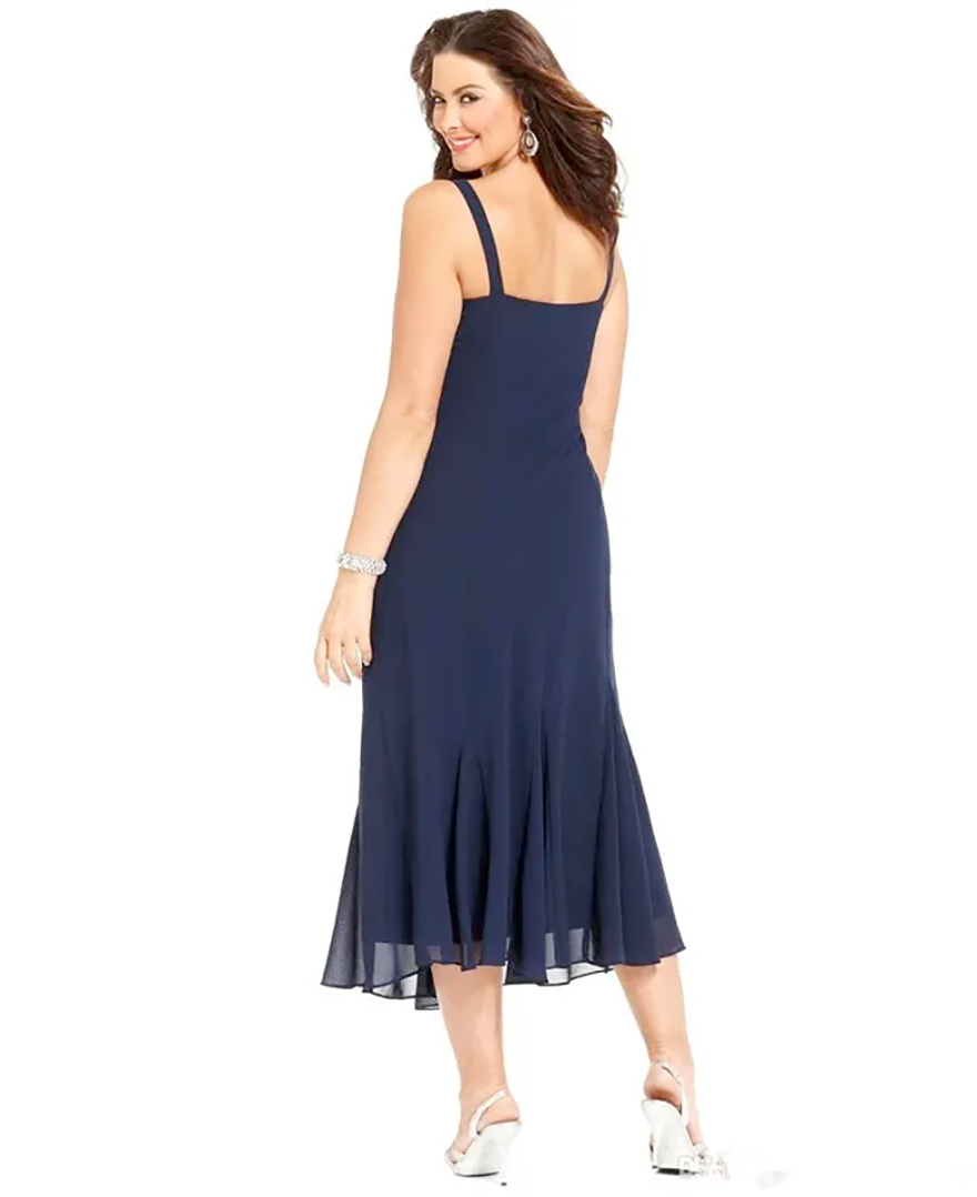 2025 Dark Navy Chiffon Tea Length Crystal Plus Size Mother of the Bride Dresses with Jacket Long Sleeves Mother Wear Wedding Guest Gowns