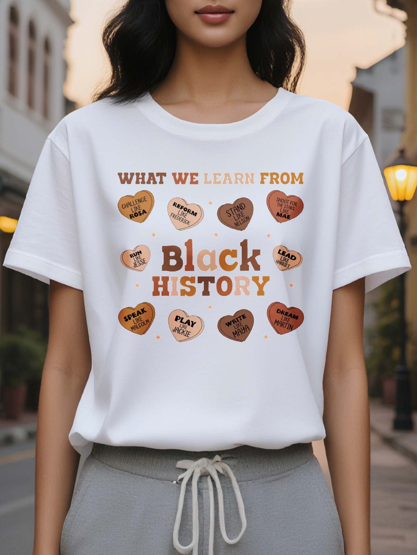 Black historical T-shirt, round neck sleeve, casual top, elegant autumn and winter series, letter pattern, cotton