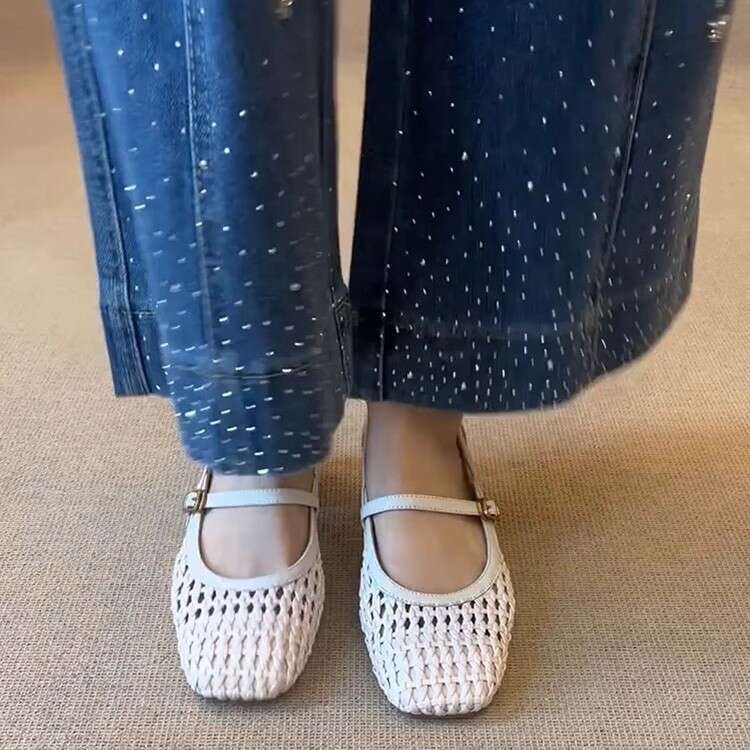 New Chunky Designer Shoe Heel Sandals for Women Woven Hollow Strap Squ Toe Genuine Leather Fashionable Single Shoes