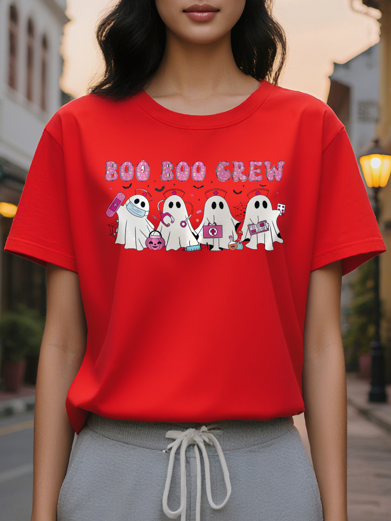 Women's nurse ghost theme T-shirt, white round neck casual top with bat and Boo Crew words, washable for summer