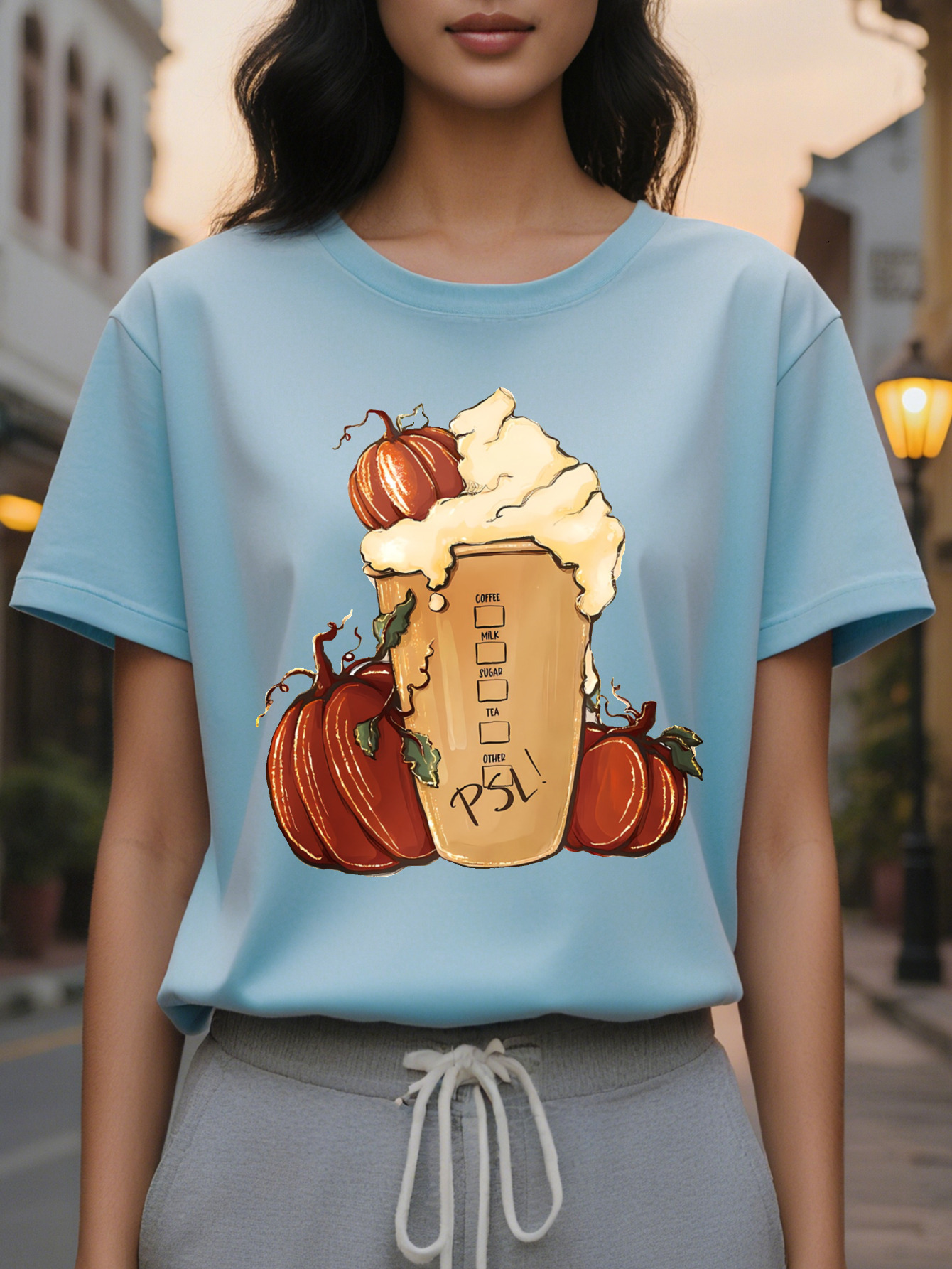 Women S Olive Green Casual T-Shirt Coffee Graphic Tee with Pumpkin Cup Lightweight Summer Top for Fall Outfits