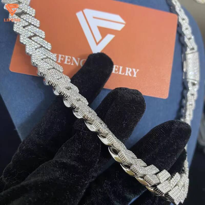 Lifeng Jewelrys 14MM Cuban Link Chains Iced Out Hip Hop Moissanite Necklace 925 Silver Diamond Main Stone White Gold Parties