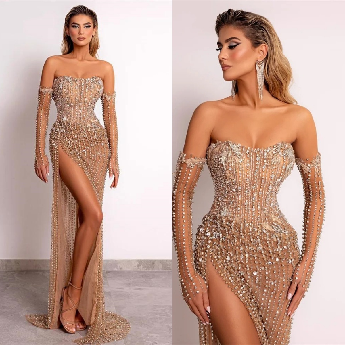 Illusion Mermaid Evening Dress Strapless Sleeveless Diamond Prom Gowns Exquisite Splits Floor Length Party Dresses Customized