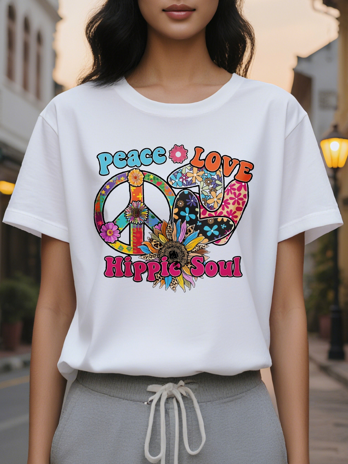 Women s Peace Love Hippie Soul T Shirt Retro Psychedelic Print Short Sleeve Round Neck Summer Casual Top, washable