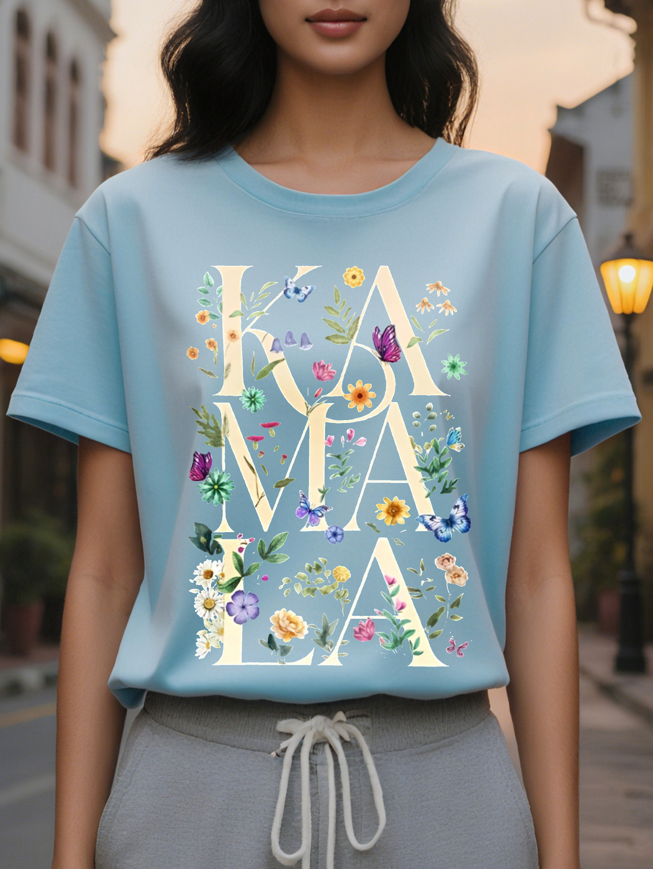 Women S KIMA Print T-Shirt Short Sleeve Crew Neck Cotton Gray with Colorful Flower Design Perfect for Spring