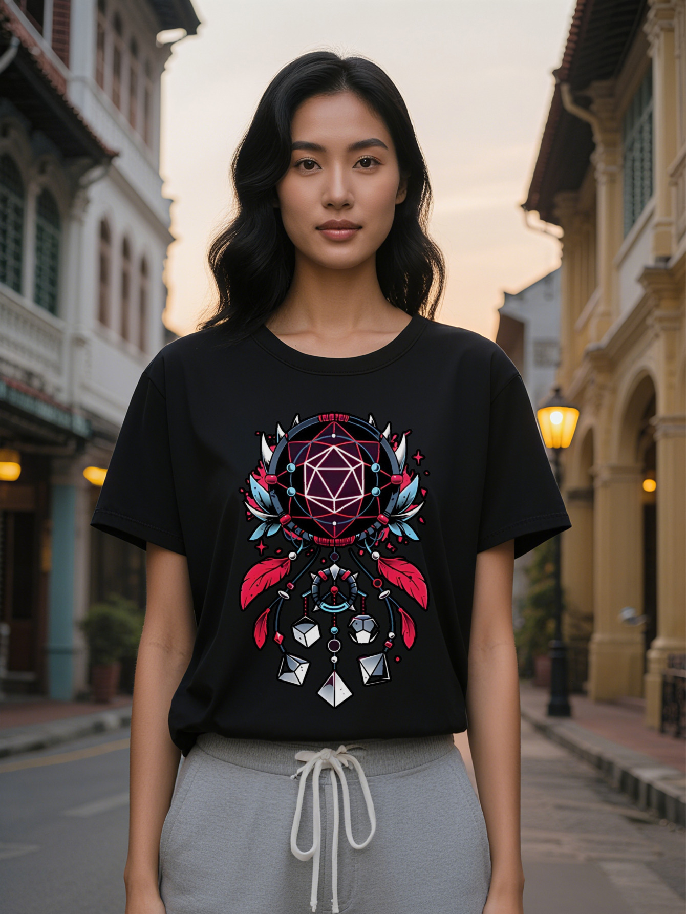 Casual Versatile Round Neck T-Shirt Geometric Polyhedron Black Border Print Pattern Top for Women Gift