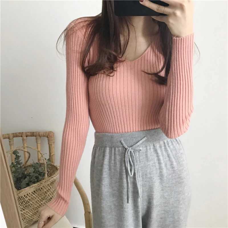 Korean Autumn V Neck Sweater Knitted Fashion Sweaters 2025 Slim Winter Tops For Women Pullover Jumper Pull Femme Truien Dames M250904