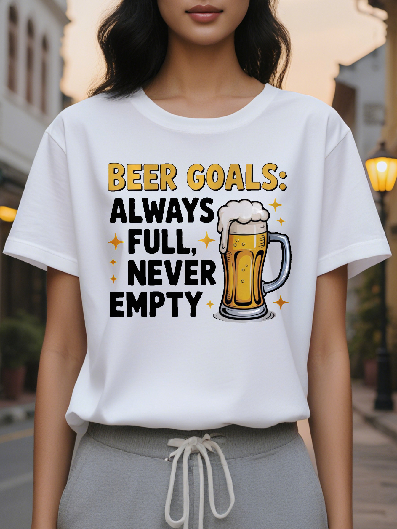 Women's Fun Lover T-shirt Beer Goal Always Full Never Empty Slogan Mug Pattern White Casual Round Neck Summer Top