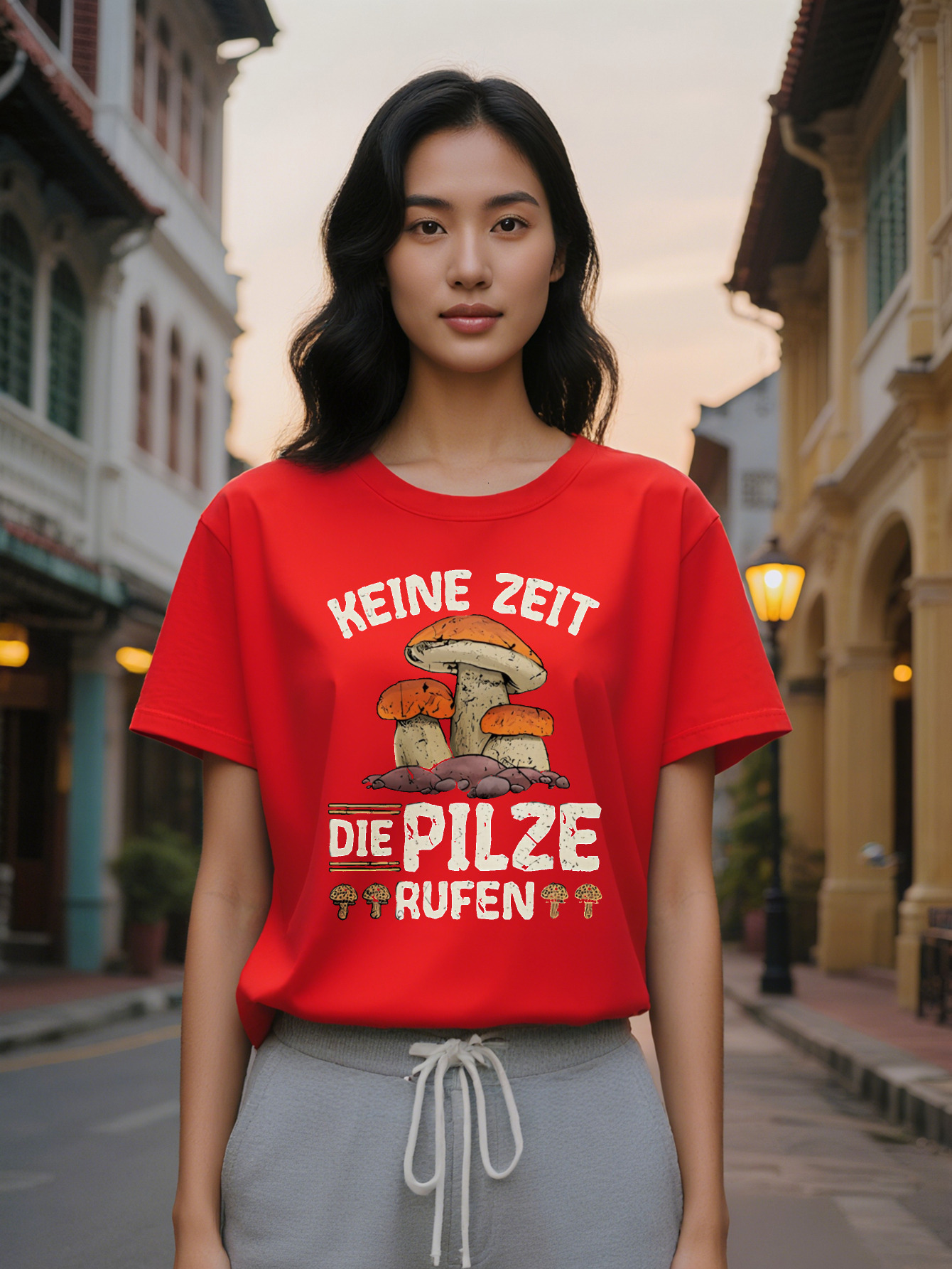 Large XL Casual Versatile Round Neck T-Shirt Black Background with Orange and White Mushroom Print Pattern Women's Top Perfect Plus Size