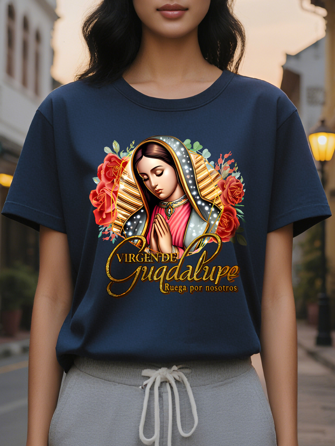 Women S Virgin Religious T-Shirt Soft Pink Faith Based Tee with Our Lady of Guadalupe Prayer Round Neck Casual Everyday