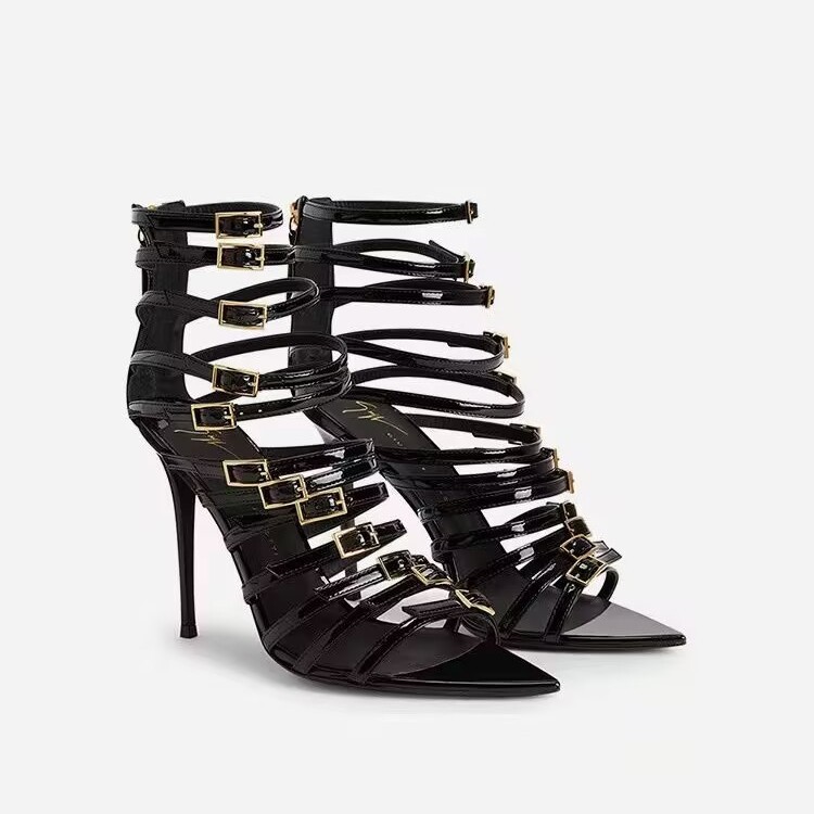 Chengdu Artisan Open-Toe Stiletto Sandals - Crystal Buckle Evening Shoes (Black) Luxury Dress Heels with Glass Heel