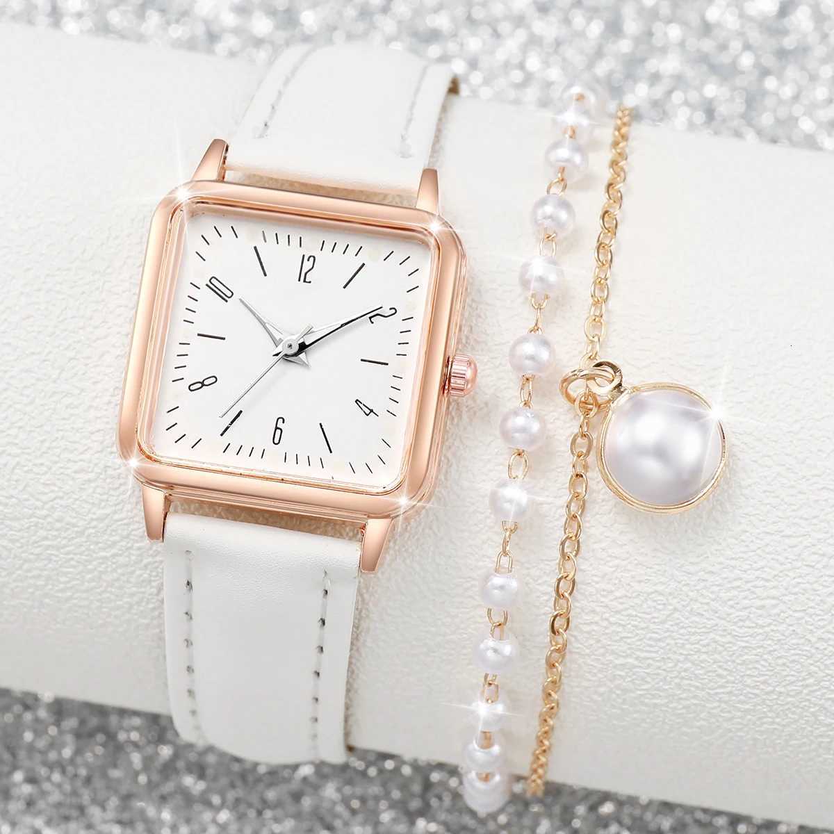 2PCSset Fashion White Leather Strap Square Quartz Watch with Pearl Bracelet for Wen X250904