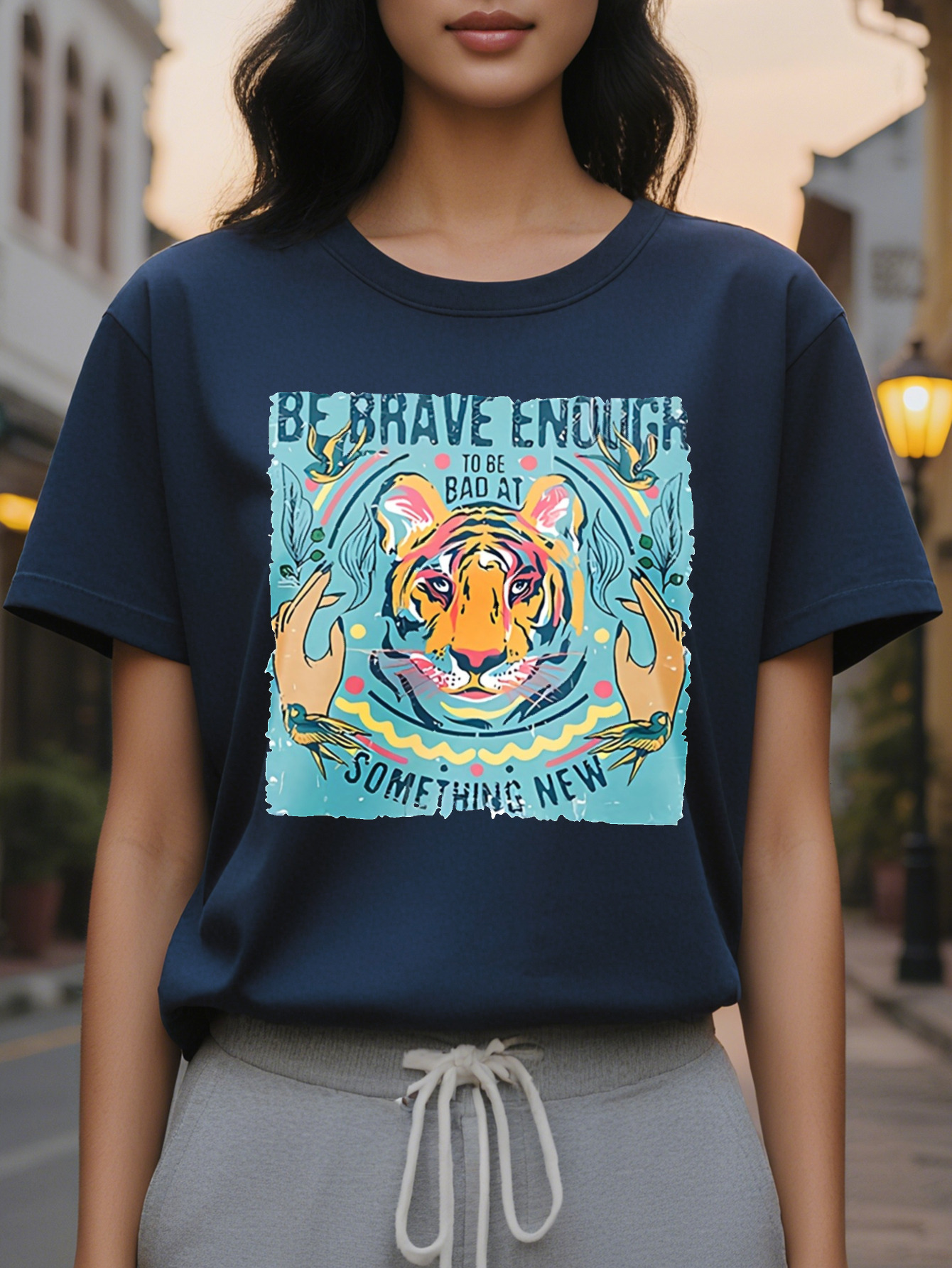 BE BRAVE ENOUGH American Printed Pattern Spring and Summer New Fashion Round Neck T-shirt Slim Fit Slimming Women's