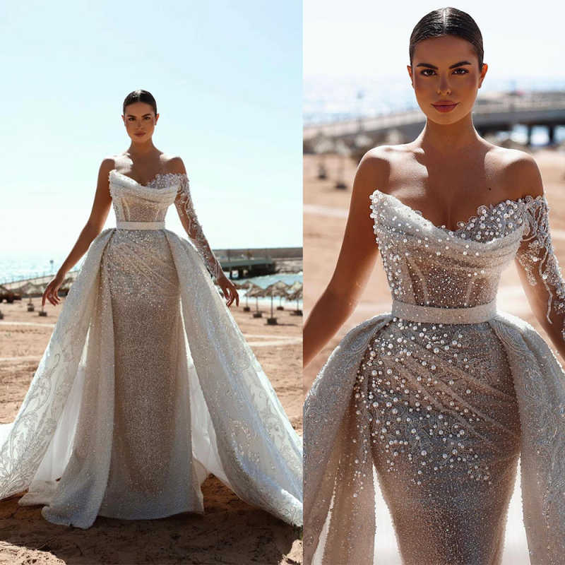 Charming Mermaid Wedding Dresses Strapless Pearls Sequins Bride Dress Exquisite Detachable Sweep Train Bridal Dress Customized