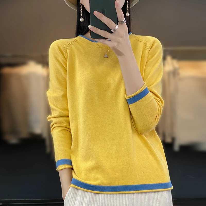 100 Cotton Knitwear Womens Round Neck Sweater Spring And Summer New Loose Color Matching Cotton And Linen Bottoming Shirt M250904