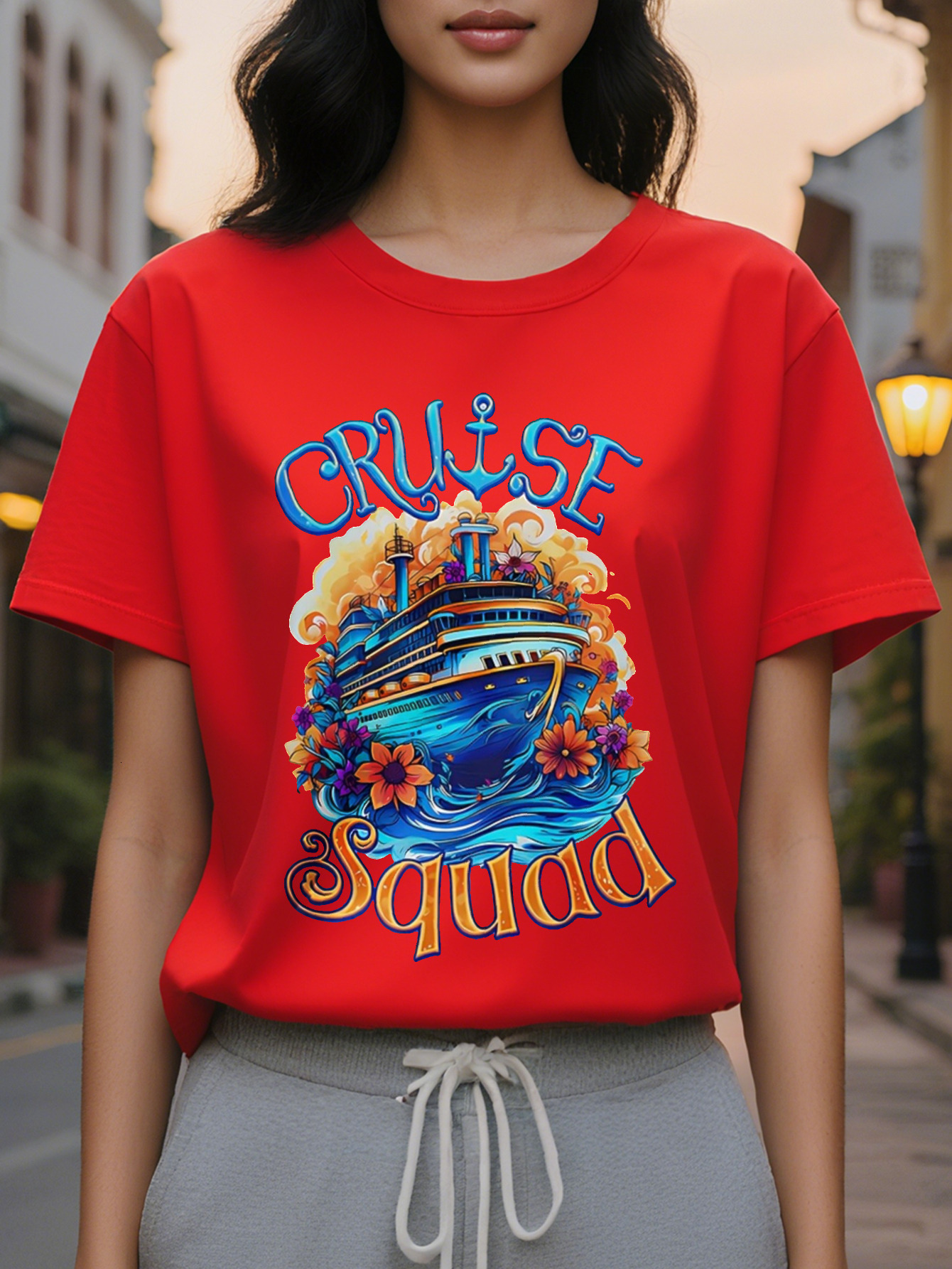 CRUISE American Printed Pattern Spring and Summer New Fashion Round Neck T-shirt Slim Fit Slimming Women's Short Sleeve