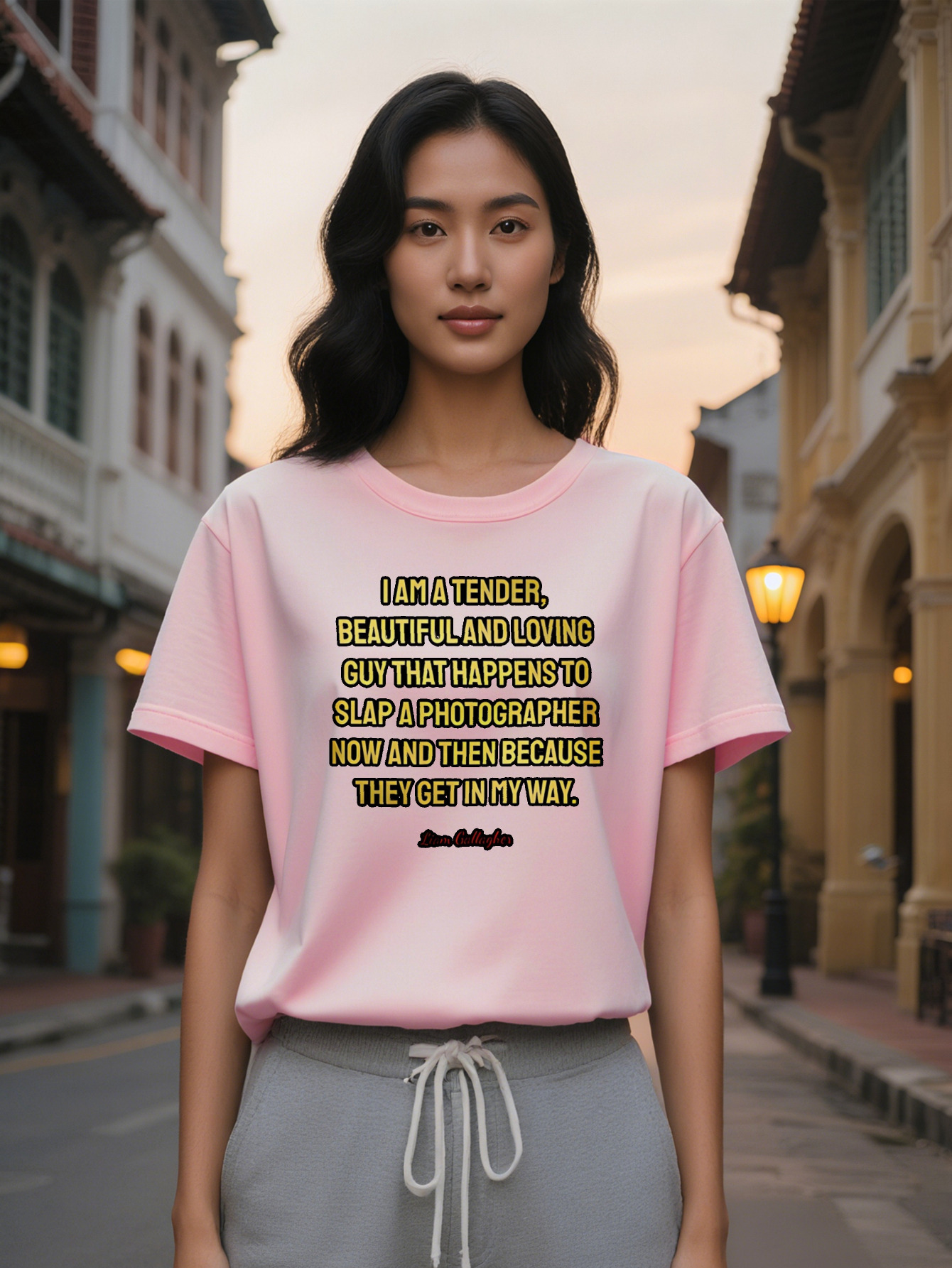 Lady Casual Graphic T-Shirt with Bold Yellow Text Print Black Round Neck Summer Tee, Washable Regular Fit