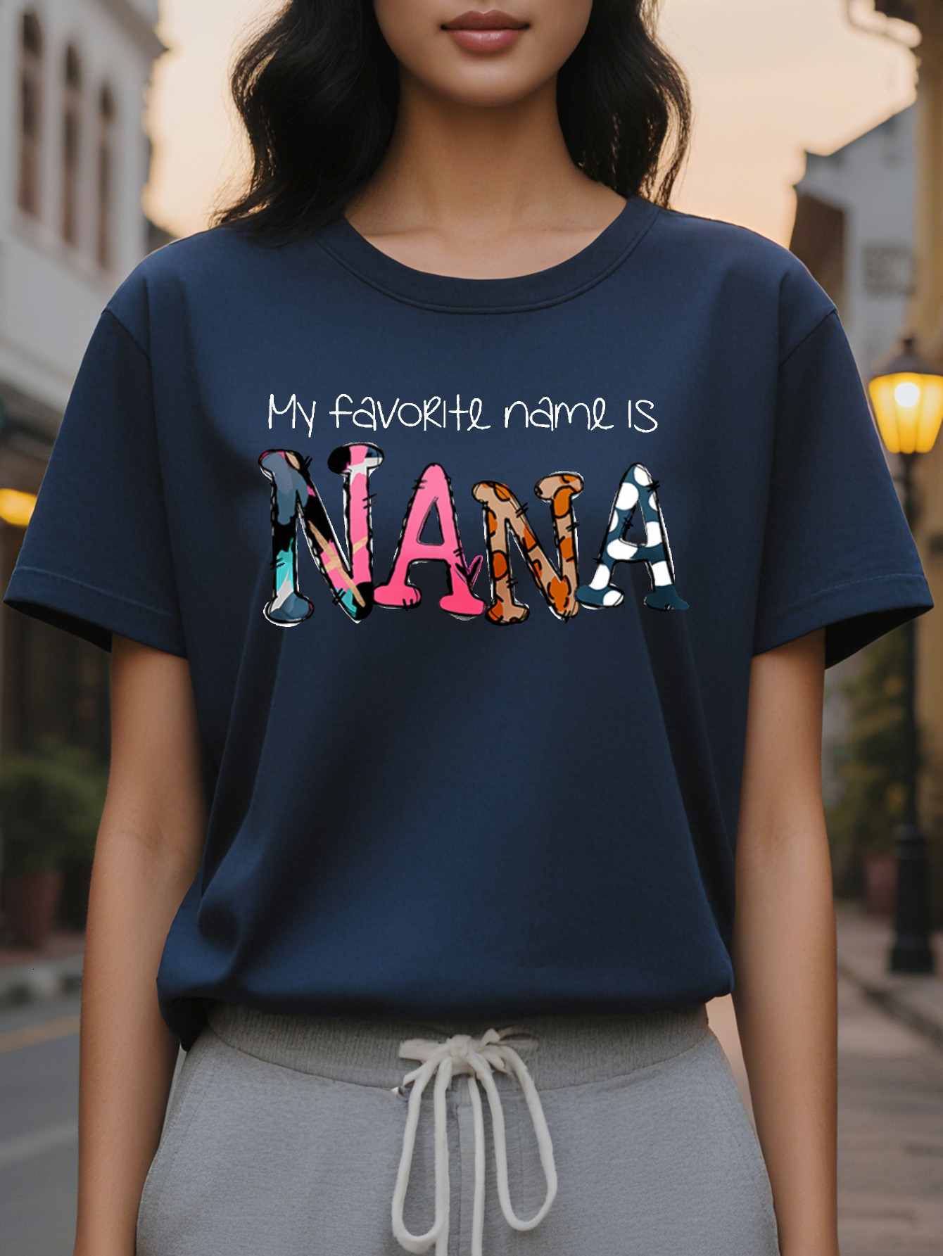 Women's casual sleeve T-shirt printed with the word NANA, spring and autumn slim top cotton