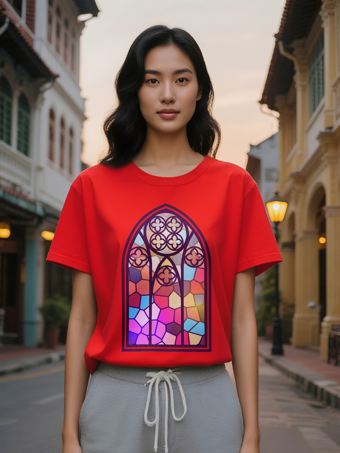 Lady Casual Short Sleeve T-Shirt with Stained Glass Window Graphic Print Vibrant Geometric Design Breathable Round