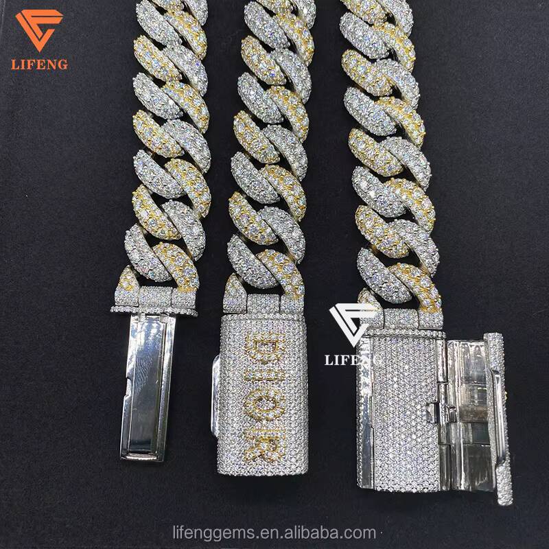 S925 20MM Iced VVS Moissanite Fashion Jewelry Hiphop Cuban Chain Custom Clasp Necklace with Custom Name Letter Two Tone Plated
